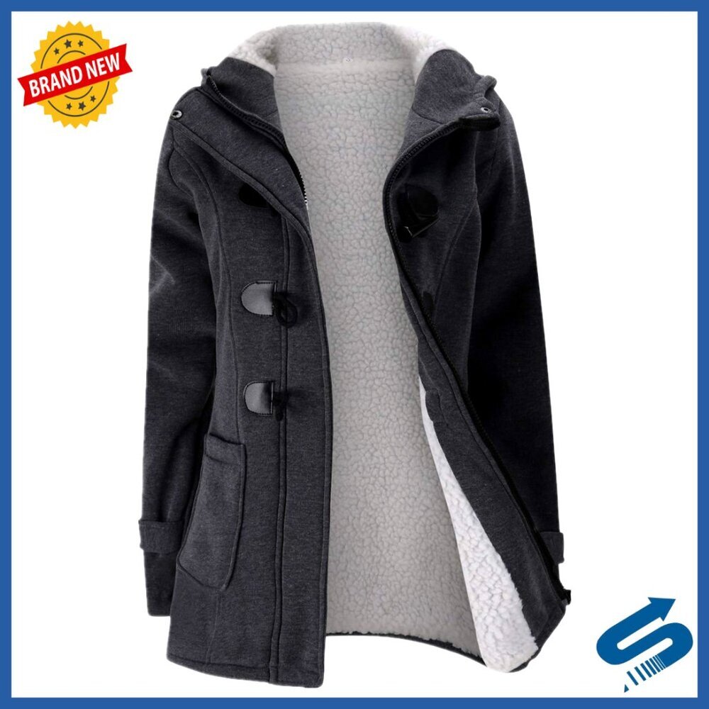 Womens Fleece Hooded Winter Jacket with Horn Buttons, Warm Pea Coat
